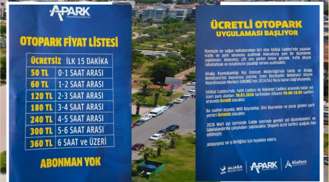 Aliağa İstiklal Caddesi'nde Ücretli Otopark Dönemi Başlıyo
